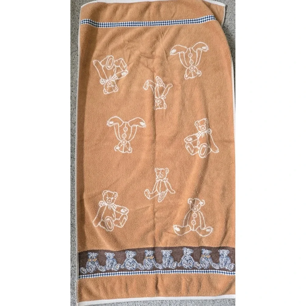 Vintage 90s Teddy Bear Reversible Bath Towel Heavy Jacquard‎ Plush Cotton